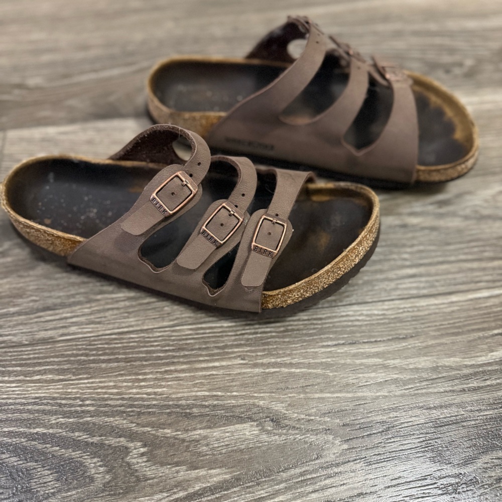Birkenstock Brown Three-Strap Cork Footbed Sandals